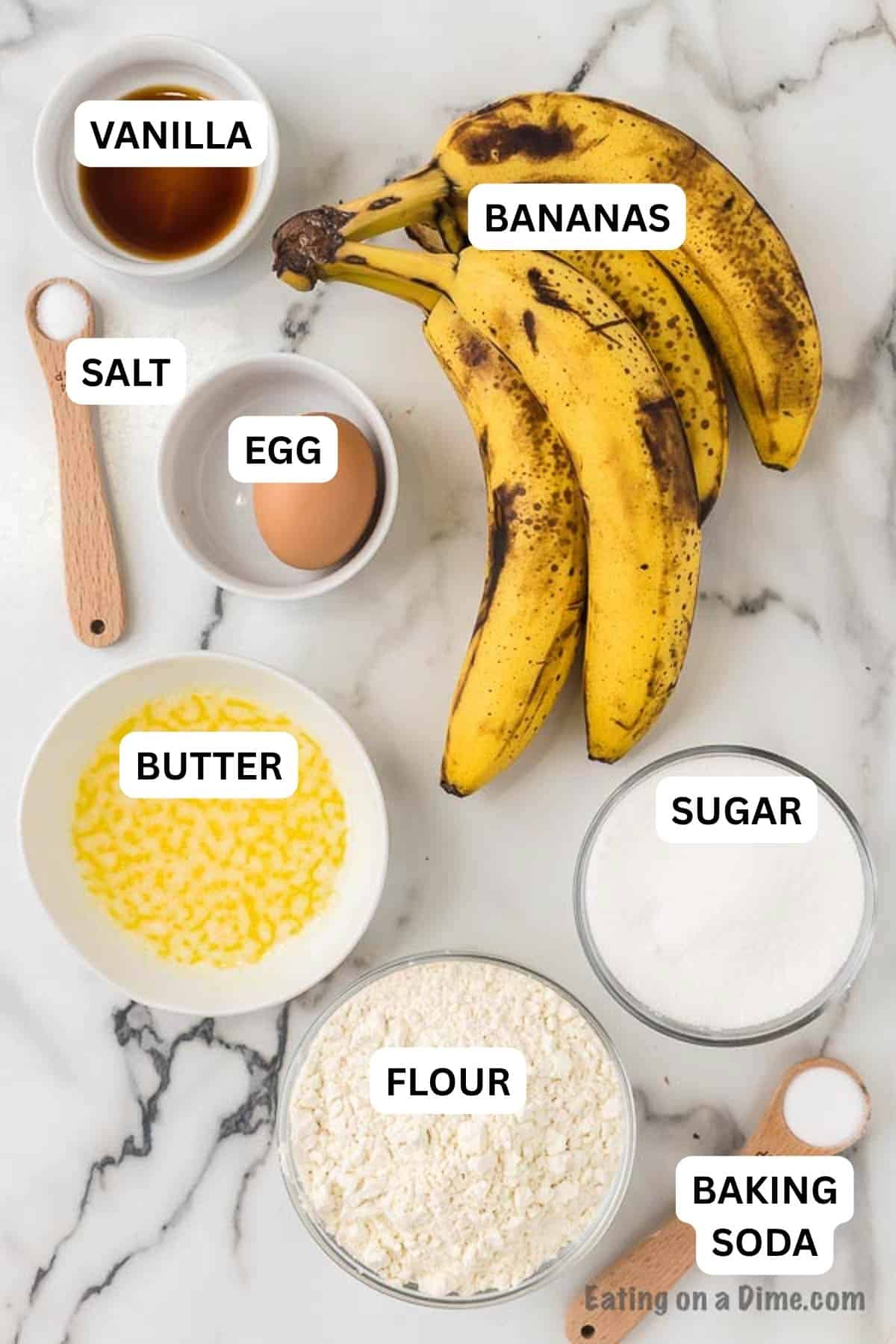 Try these easy healthy Banana bread mini muffins for an affordable and delicious breakfast idea. These mini banana muffins are easy to make and freeze great too! We love easy recipes and youโll love these tasty banana muffins. You can also mix in chocolate chips or nuts if you prefer! #eatingonadime #muffinrecipes #breakfastrecipes #easyrecipes Ingredients for recipe: vanilla, bananas, salt, egg, butter, sugar, flour and baking soda.