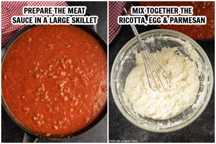 Two photos of meat sauce in skillet and a bowl of cheese mixture.
