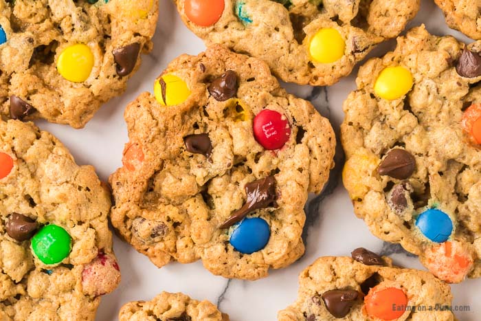 Close up image of monster cookies on a table. 