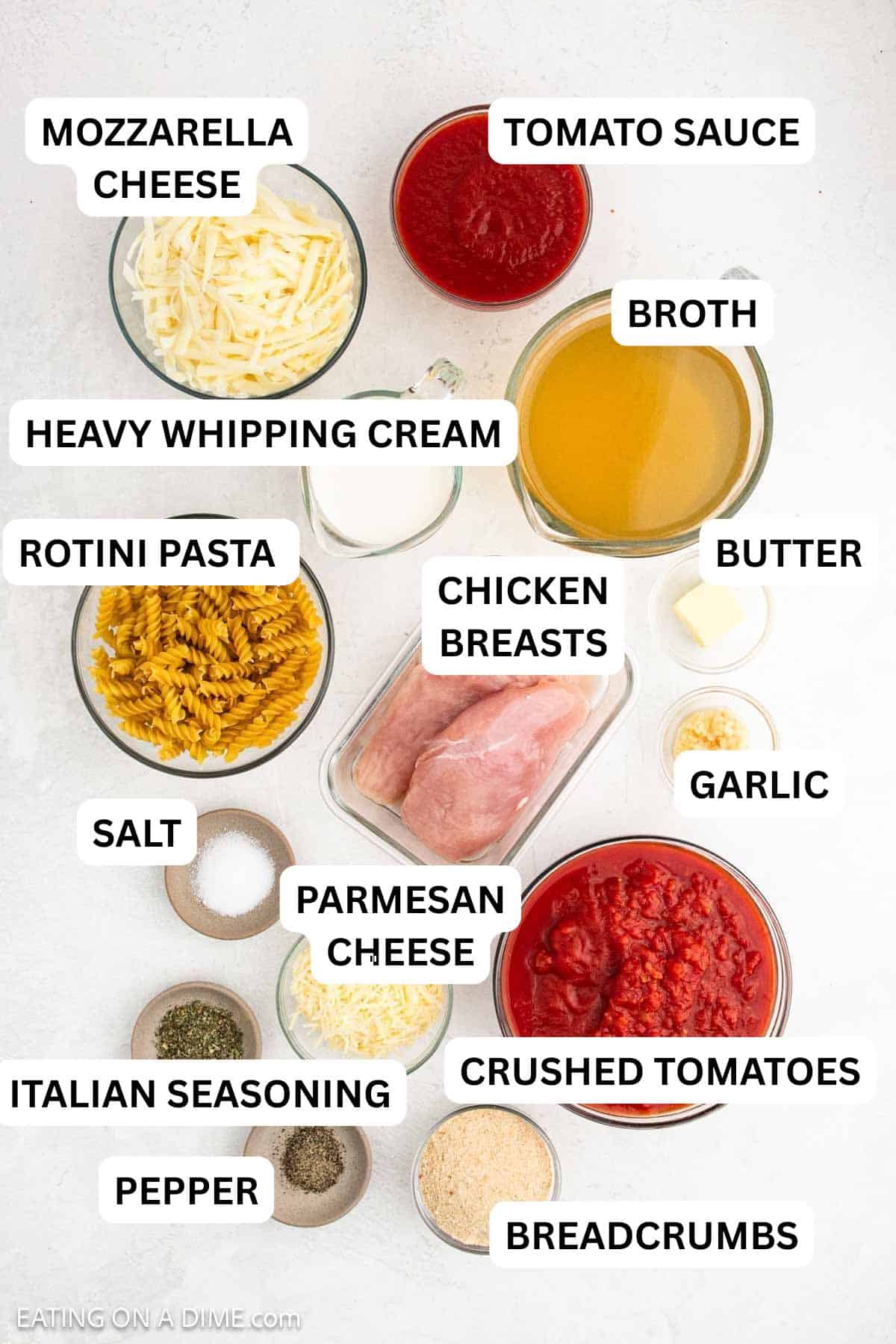 Ingredients needed for this recipe includes chicken breast, garlic, crushed tomatoes, tomato sauce and more.