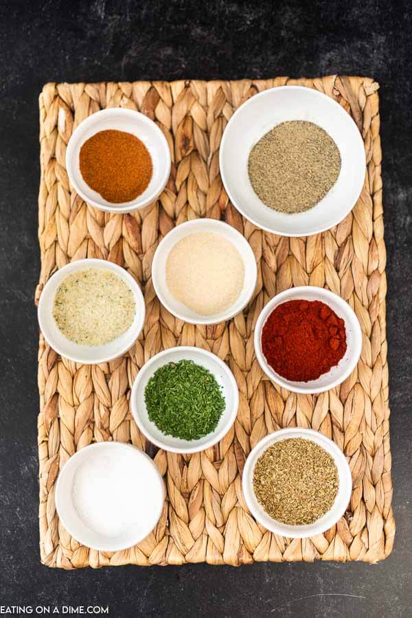 Ingredients needed - paprika, salt, garlic salt, parsley, onion powder, black pepper, cayenne pepper, oregano
