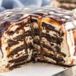 A cake with chocolate and caramel on top.