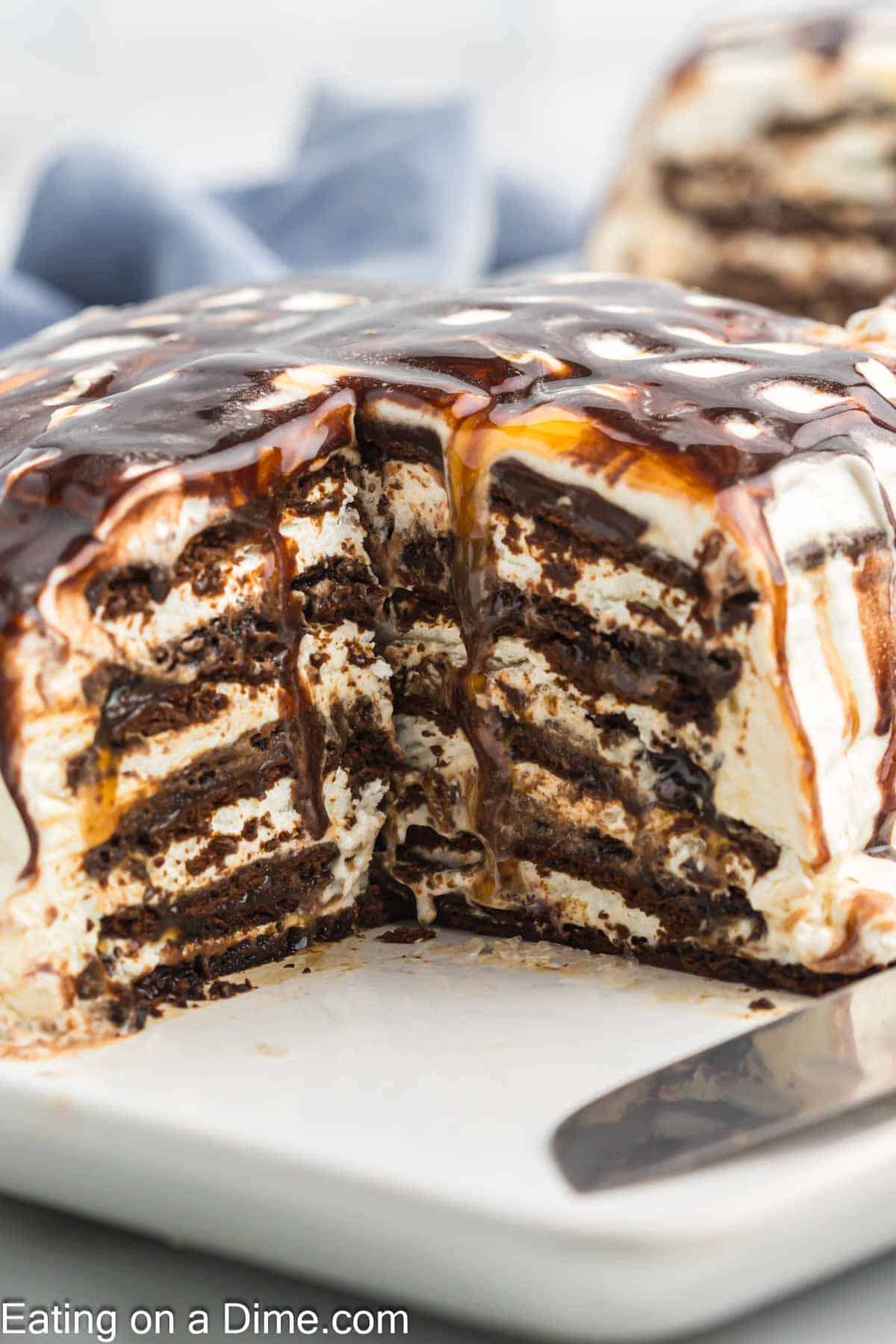 Ice Cream Cake with a piece missing on a plate