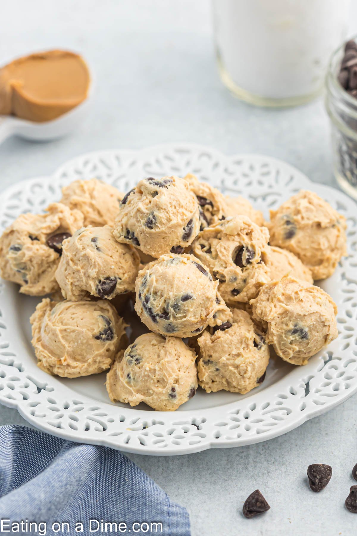 Cookie dough balls stacked in a bowl