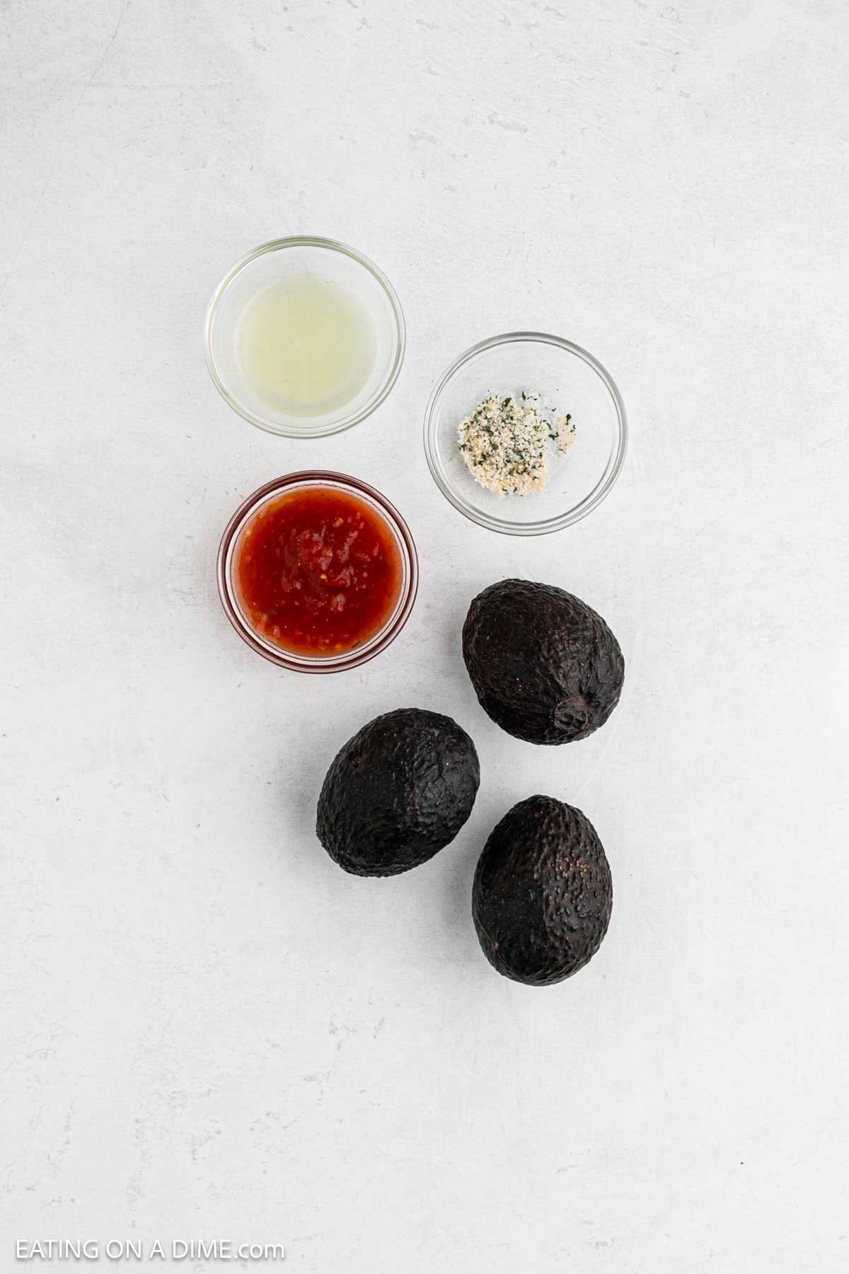 Ingredients needed for the recipe includes avocados, lime, garlic salt and salsa.