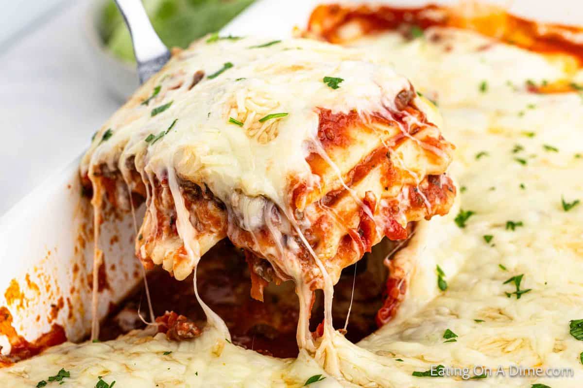 Serving the ravioli lasagna from the baking dish