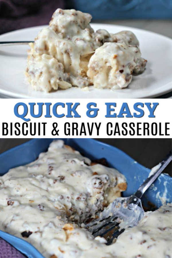This Biscuits and gravy casserole is delicious! Try this easy gravy biscuit casserole. Kids will love this fun twist on the biscuits and gravy recipe! #eatingonadime #biscuitsandgravy #breakfastrecipes