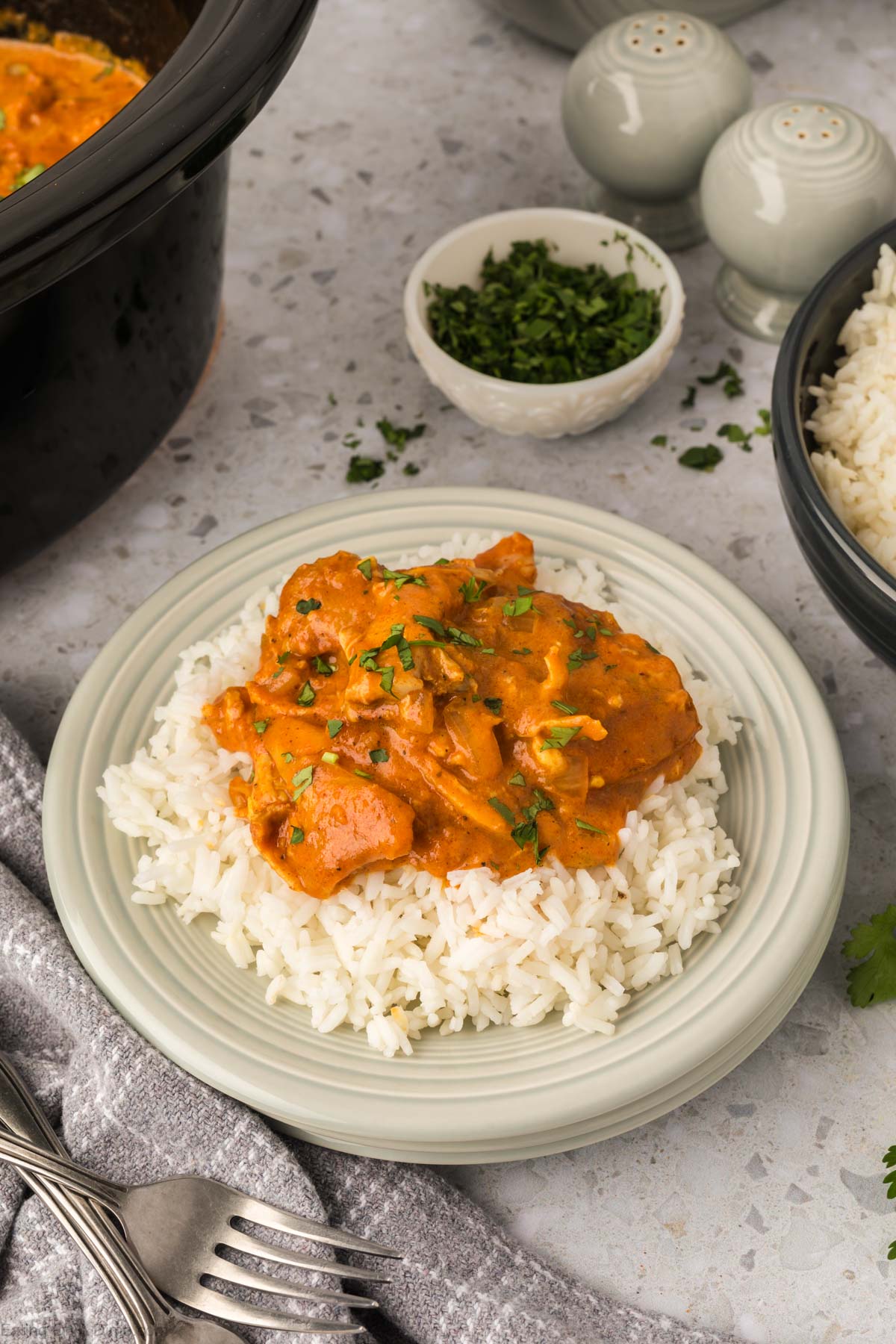Chicken Tikka Masala on a plate over white rice