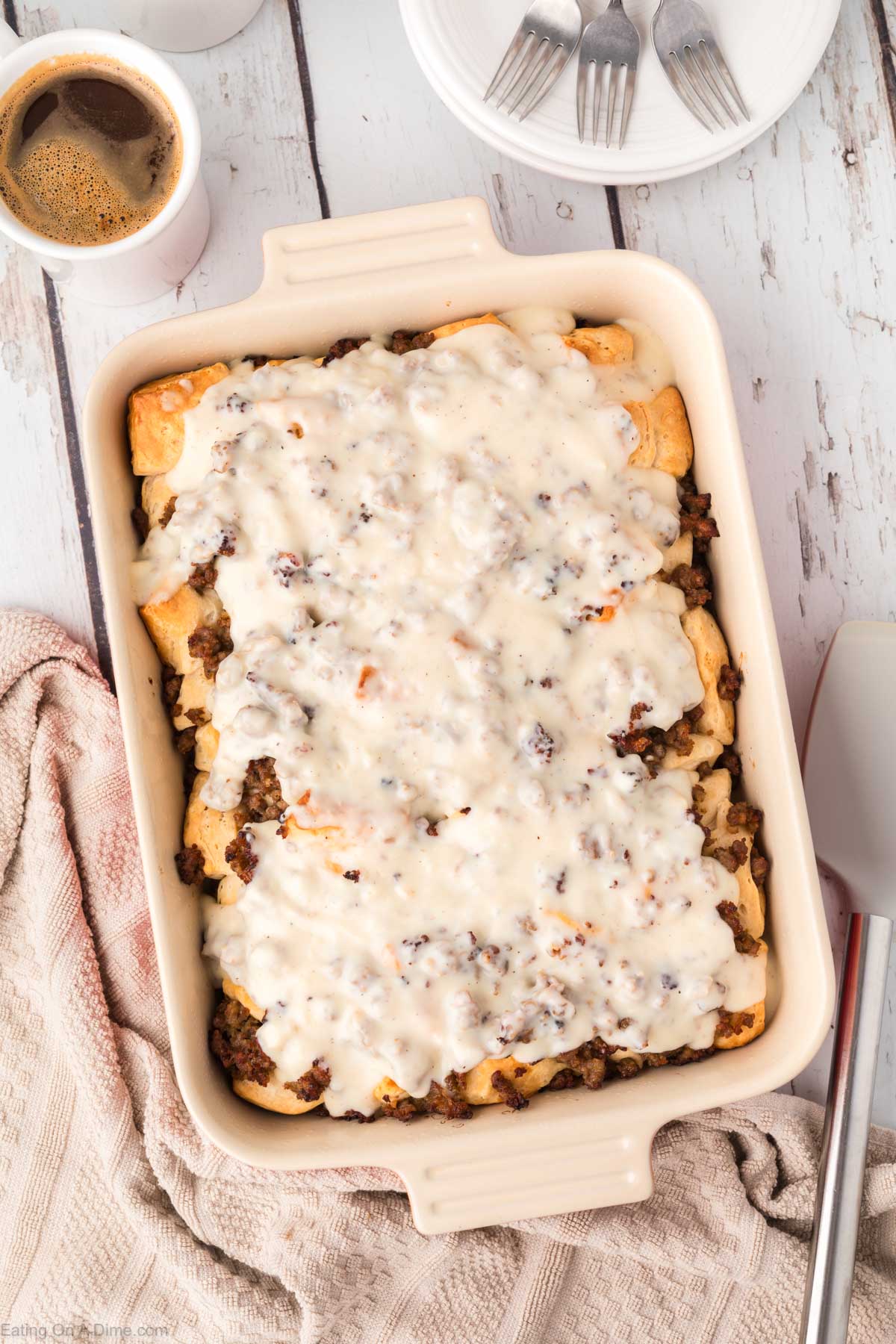 Sausage gravy and biscuit casserole in a casserole dish