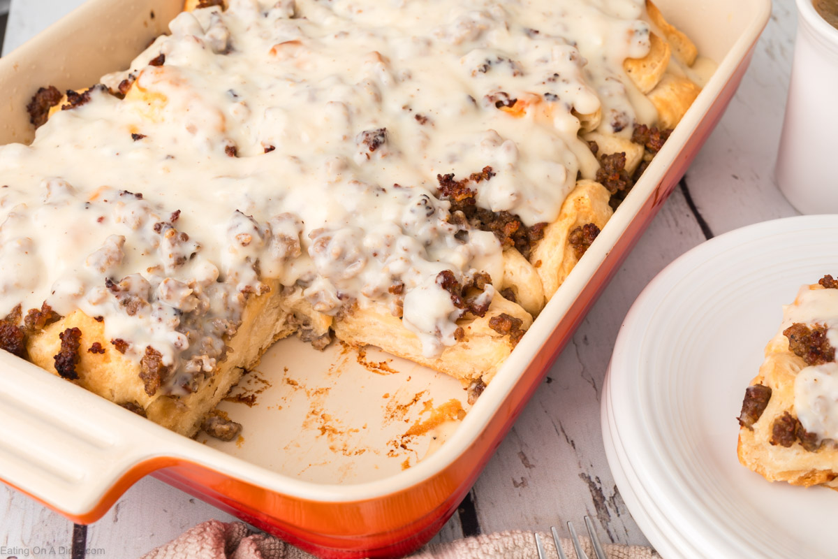 Sausage gravy and biscuit casserole in a baking dish