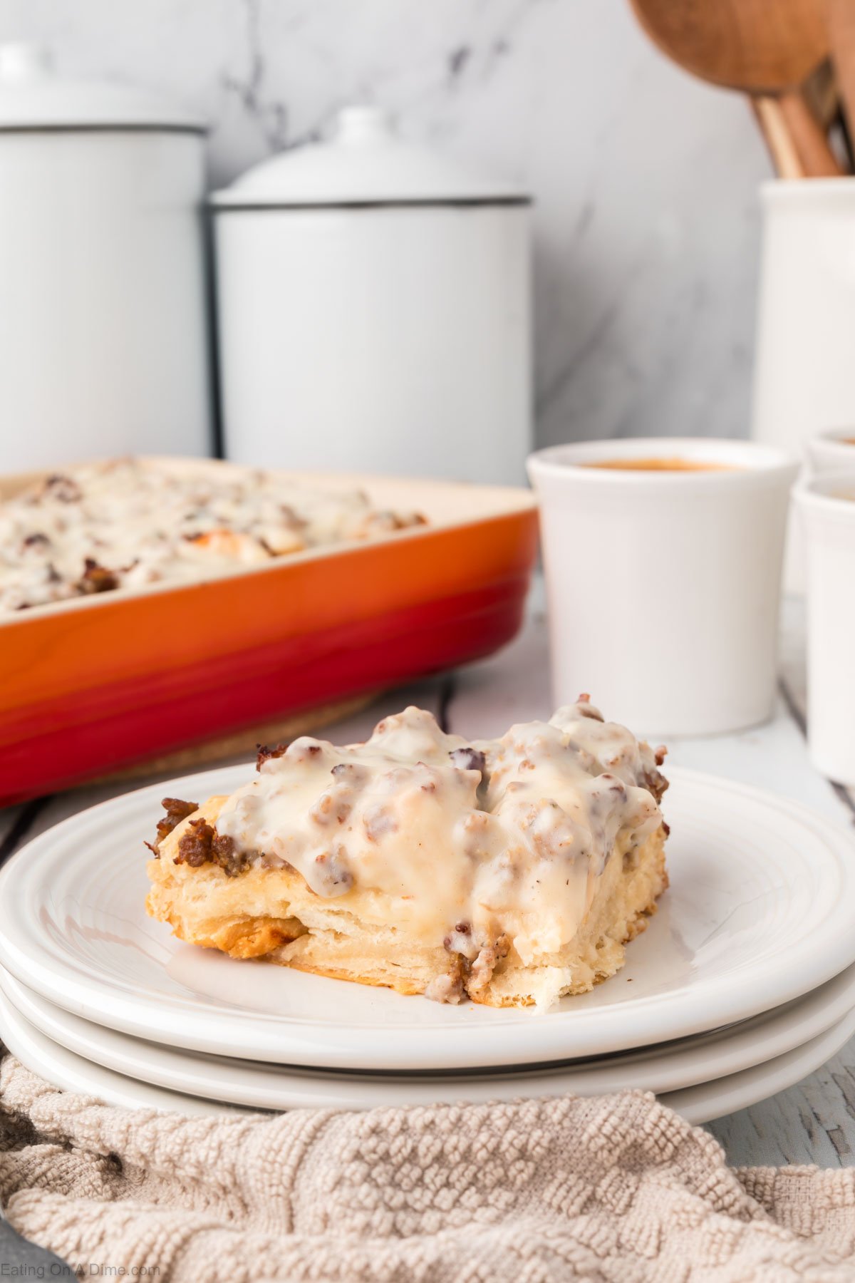 Sausage gravy and biscuit casserole on a plate