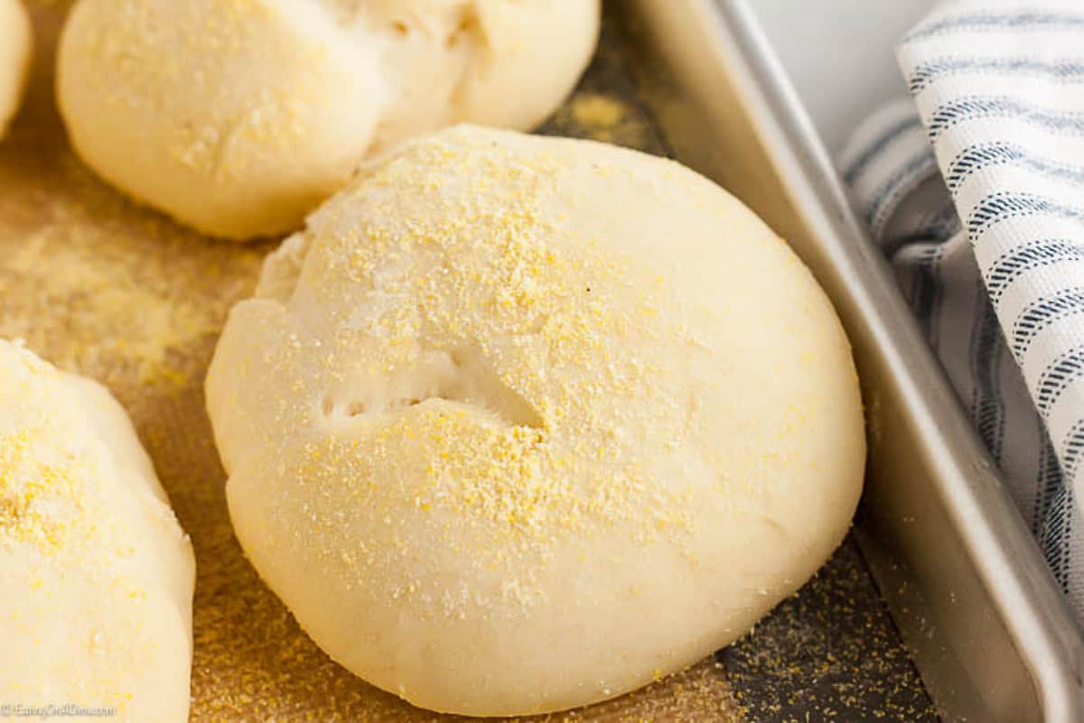 Dough balls on a baking sheet topped with cornmeal
