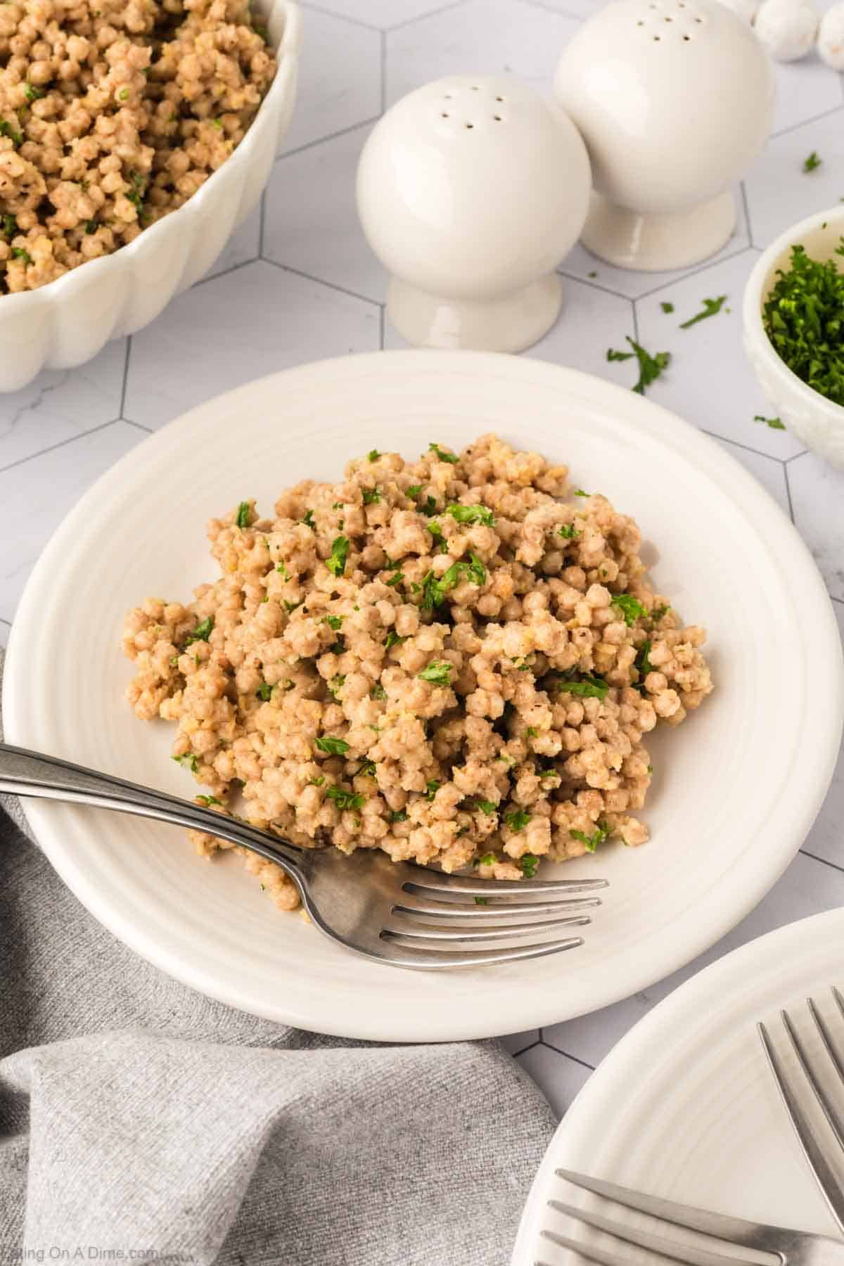 Couscous on a white plate with a fork