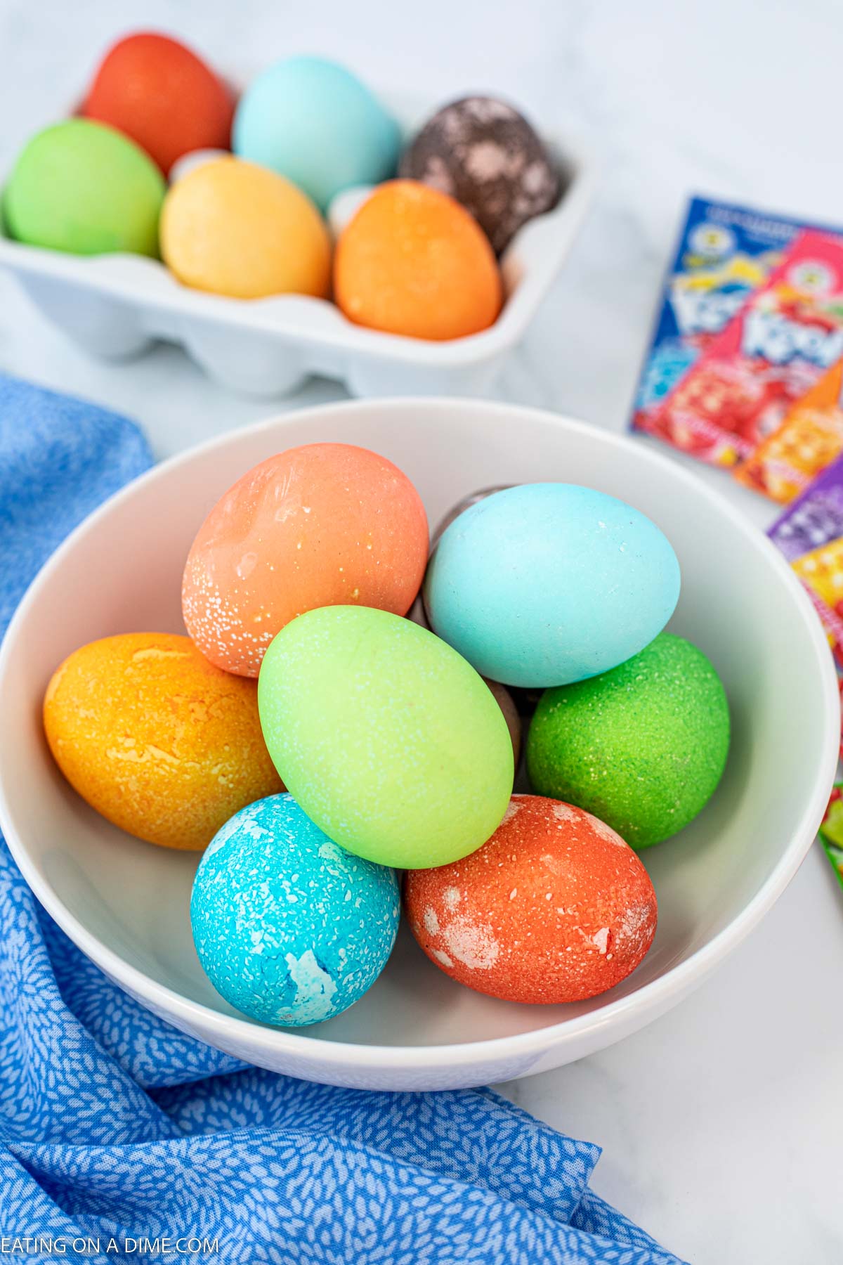Dyed Easter Eggs in a white bowl