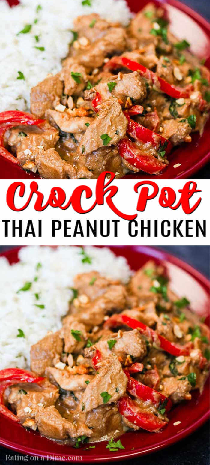 Crock pot peanut butter chicken is a delicious and easy recipe to jazz up plain chicken. Try this Thai peanut chicken recipe instead of ordering takeout.