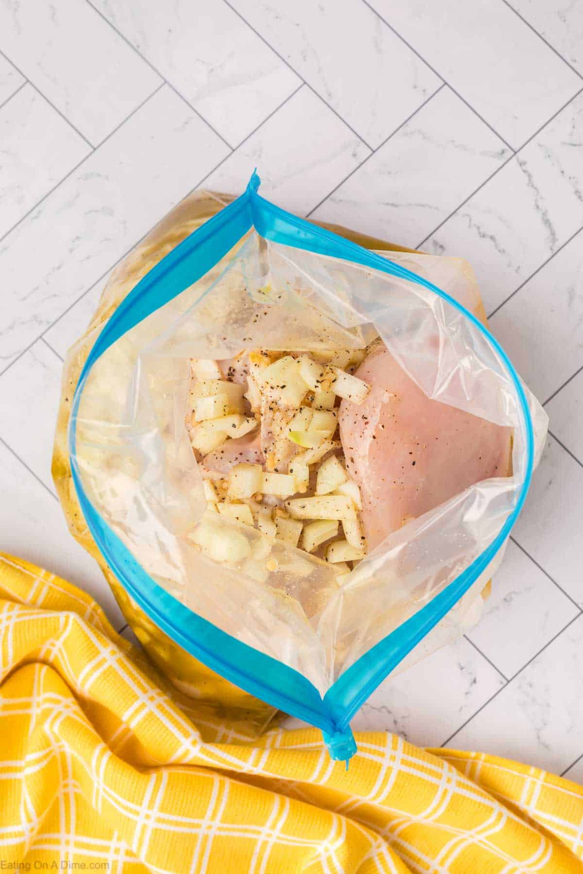 Place the chicken in a zip lock bag and topped with lemon marinade and chopped onions