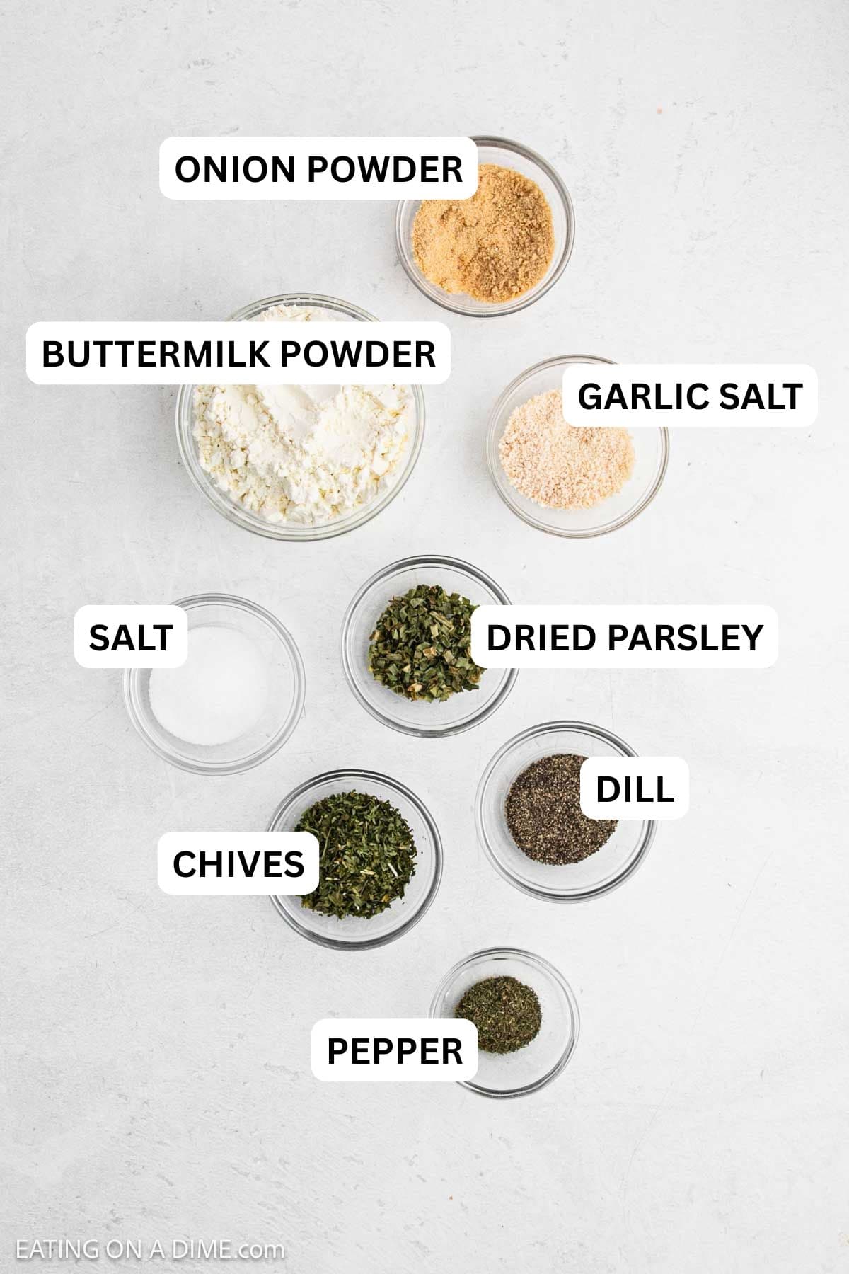 Ingredients needed for this recipe includes buttermilk powder, parsley, garlic salt, onion powder, dried chives, dill, salt and pepper.