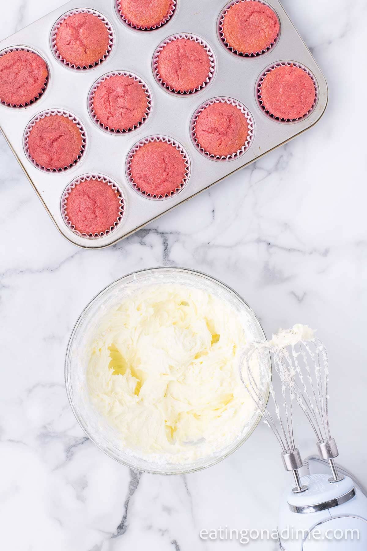 Combine the frosting ingredients in a bowl with a hand mixer