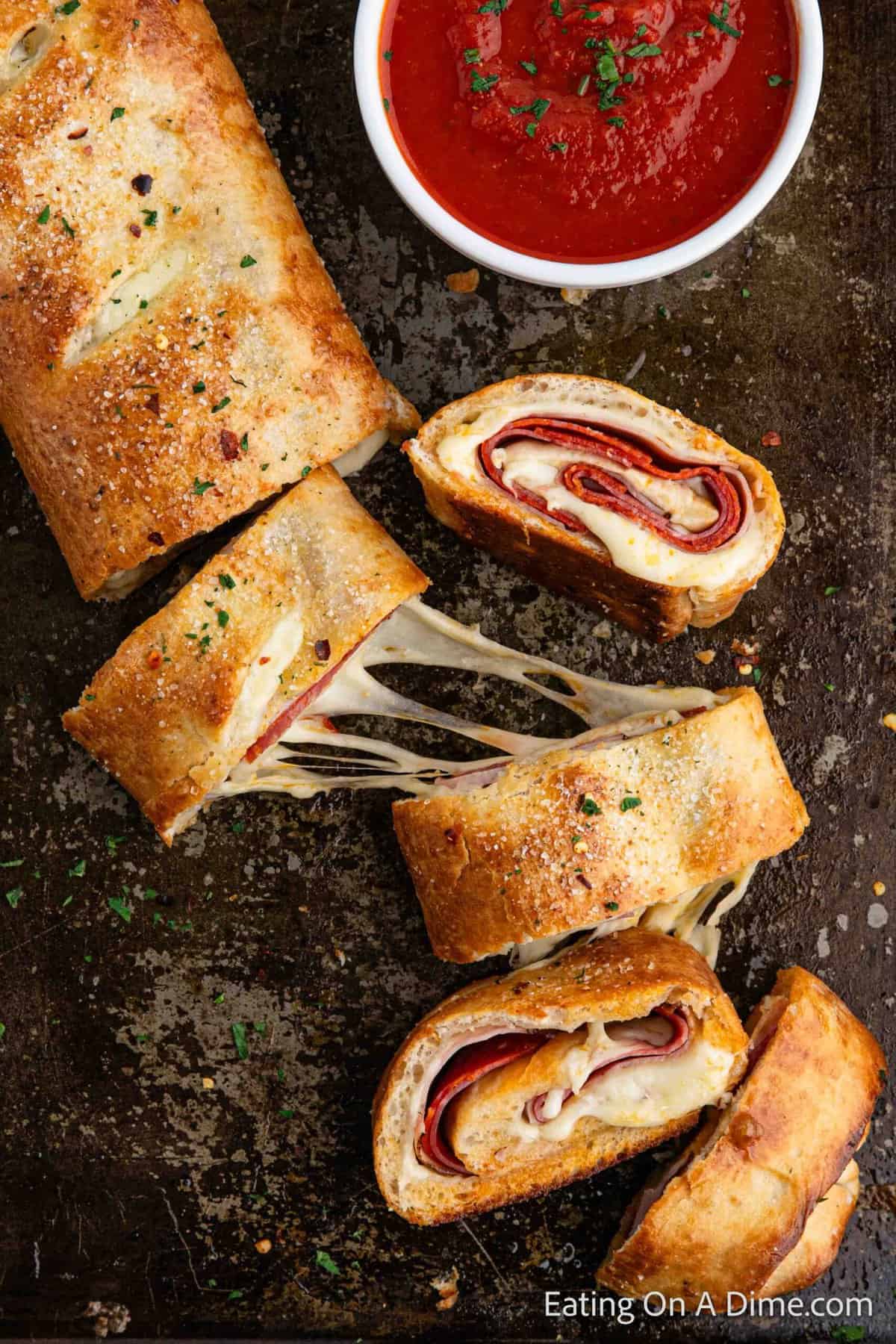 Close up image of stromboli sliced