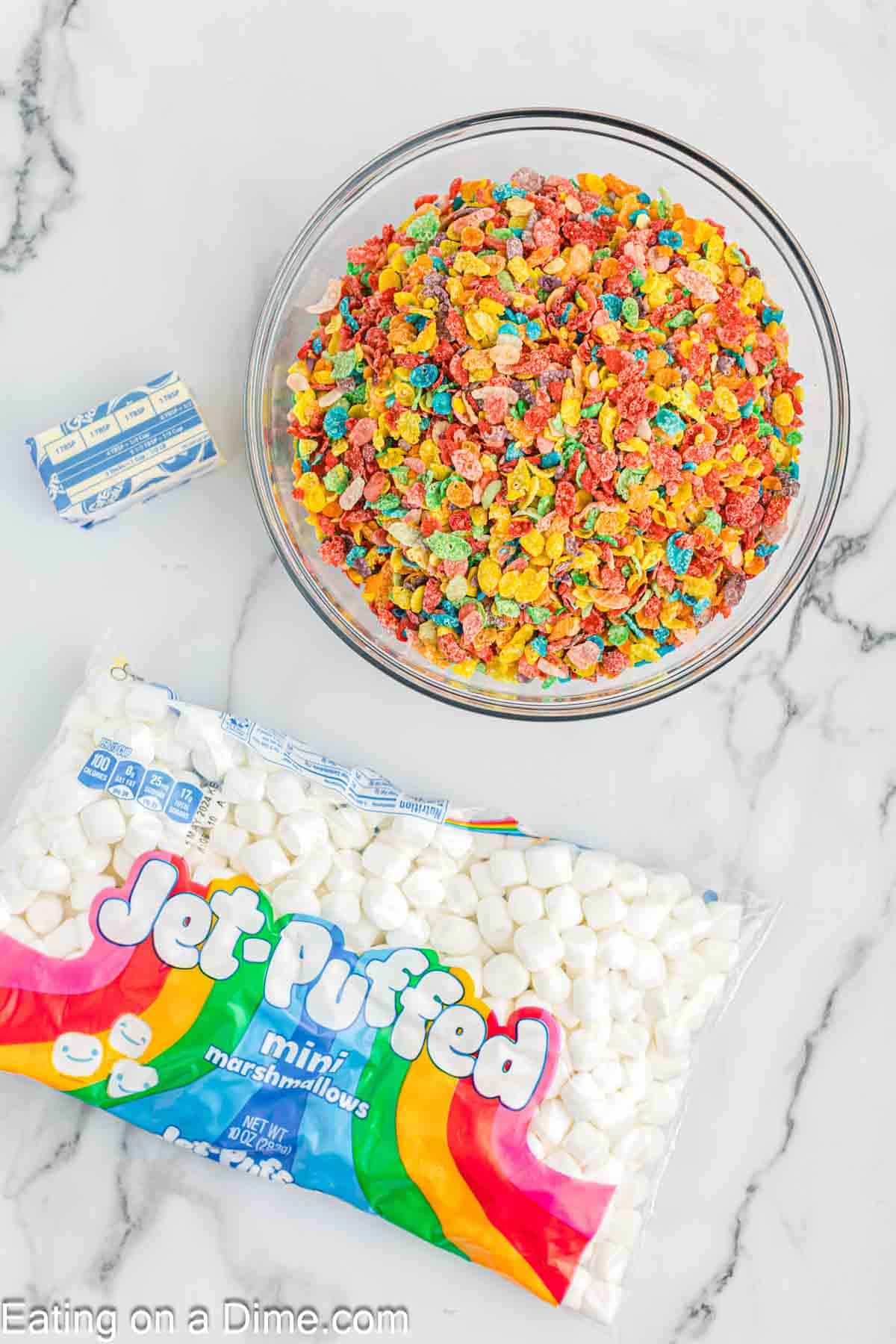 Fruit Pebbles treats ingredients - fruity pebbles cereals, butter, marshmallows