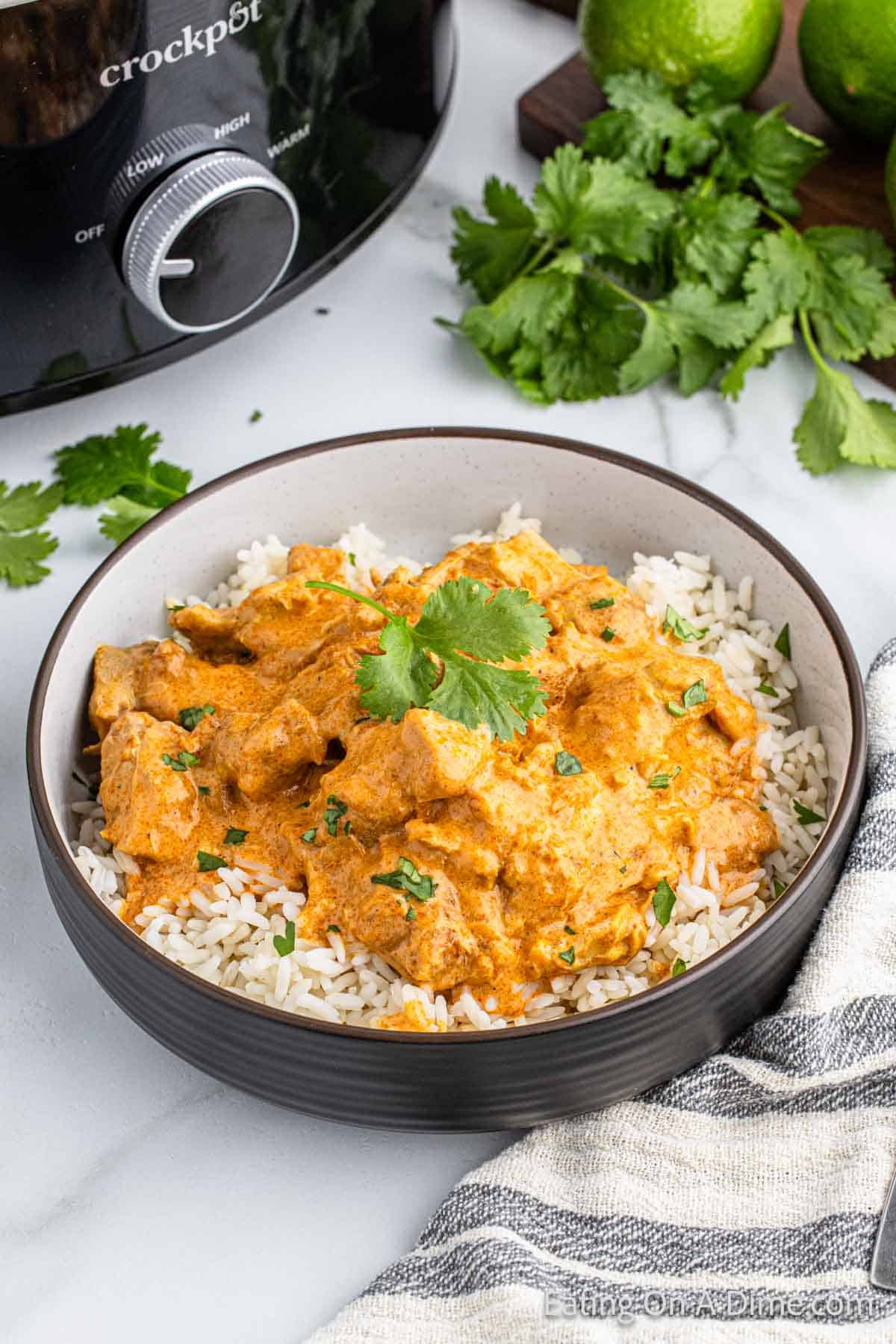 Butter Chicken on white rice in a bowl