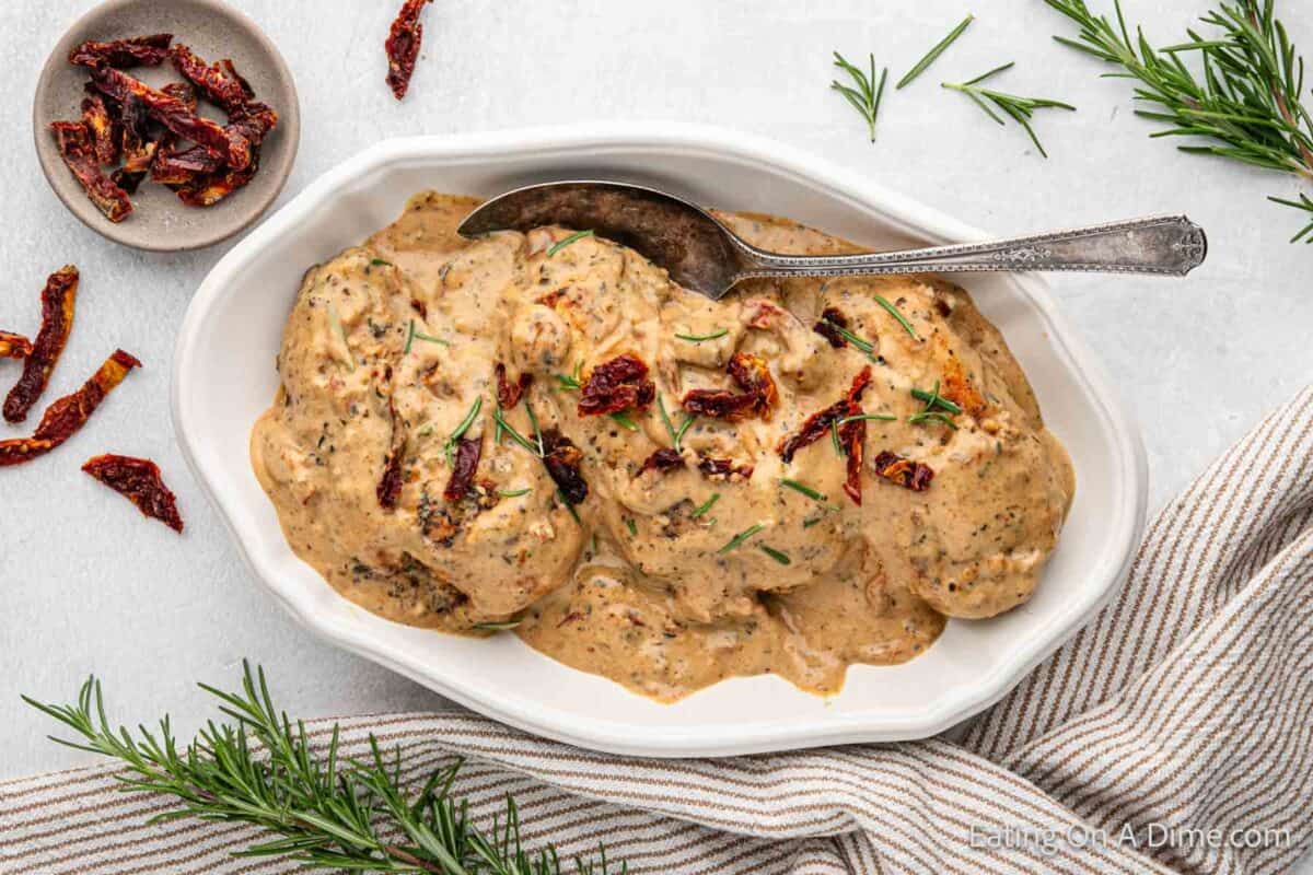 Sun dried tomato chicken on a platter ready to serve.