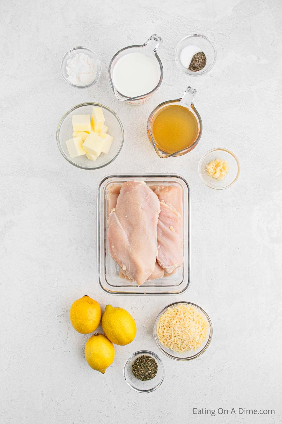 Lemon Chicken ingredients - chicken, butter, salt, pepper, Italian seasoning, broth, minced garlic, halt and half, cornstarch, lemons