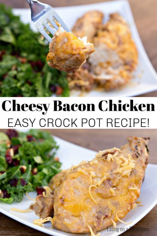 Try this easy Crock Pot Cheesy Bacon Chicken Recipe. It is simple and packed with flavor. You will be shocked how delicious this Ranch Bacon Chicken crock pot recipe is! #eatingonadime #crockpotrecipes #dinnerrecipes 