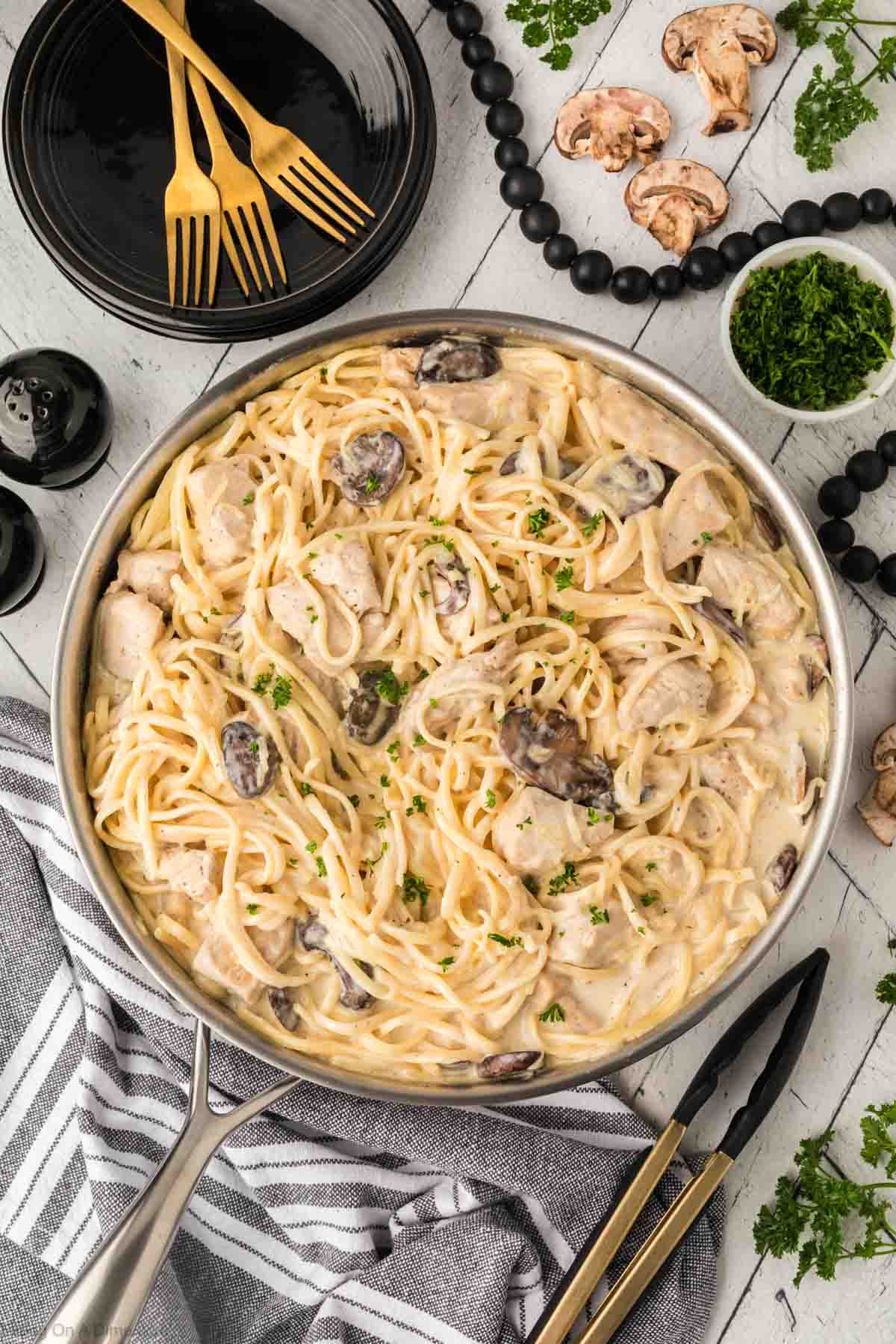Close up image of chicken tetrazzini in a skillet