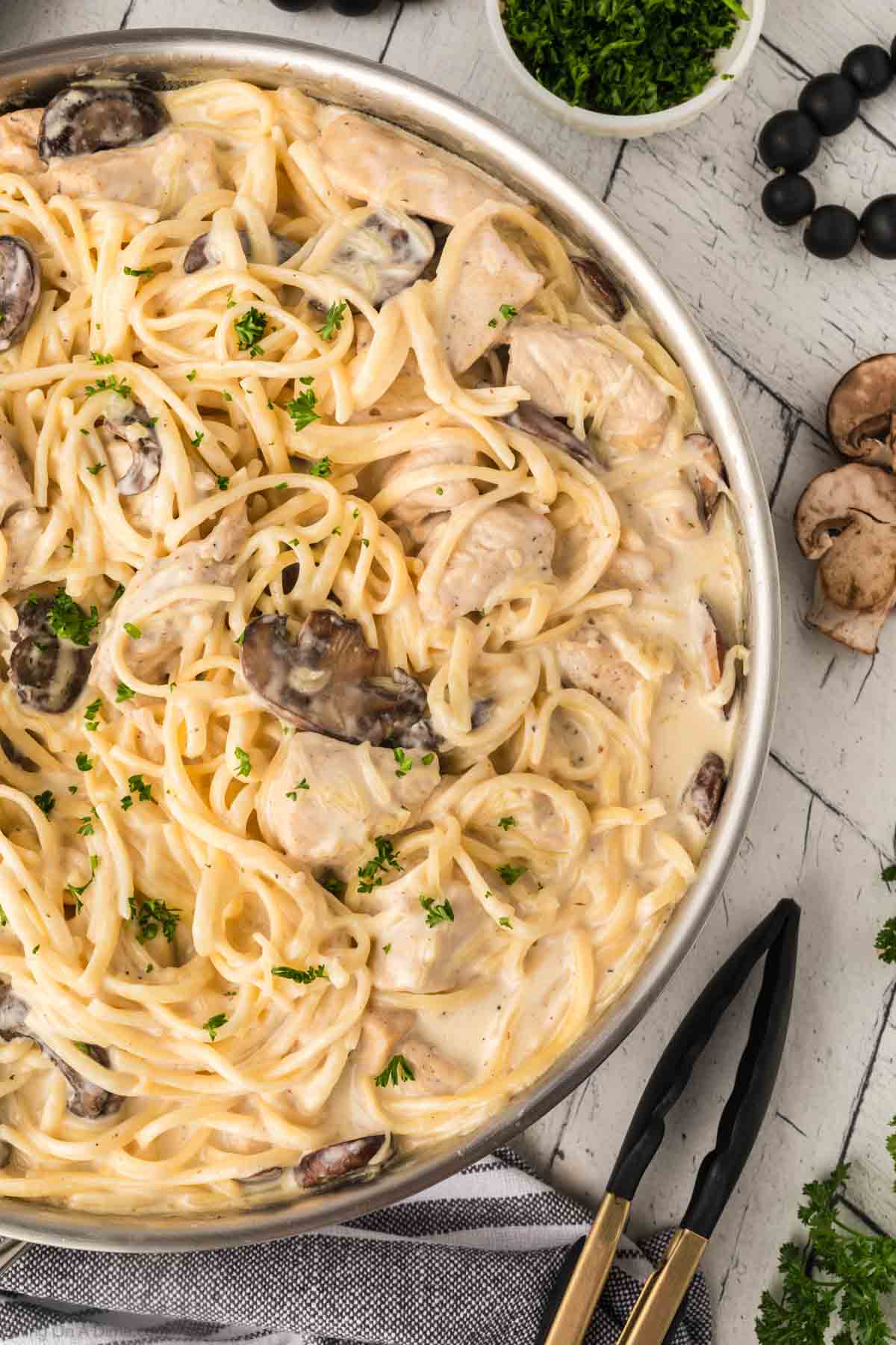 Close up image of Chicken Tetrazzini in a large skillet