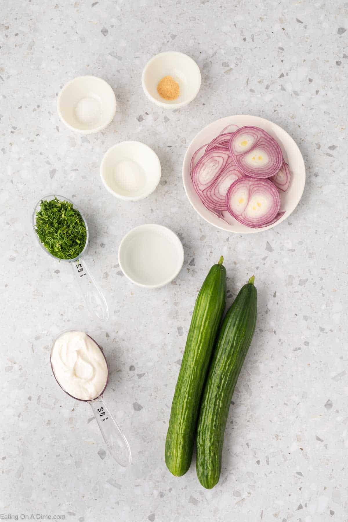 Creamy Cucumber Salad ingredients - English Cucumbers, red onion, sour cream, dill weed, white vinegar, sugar, salt, garlic powder