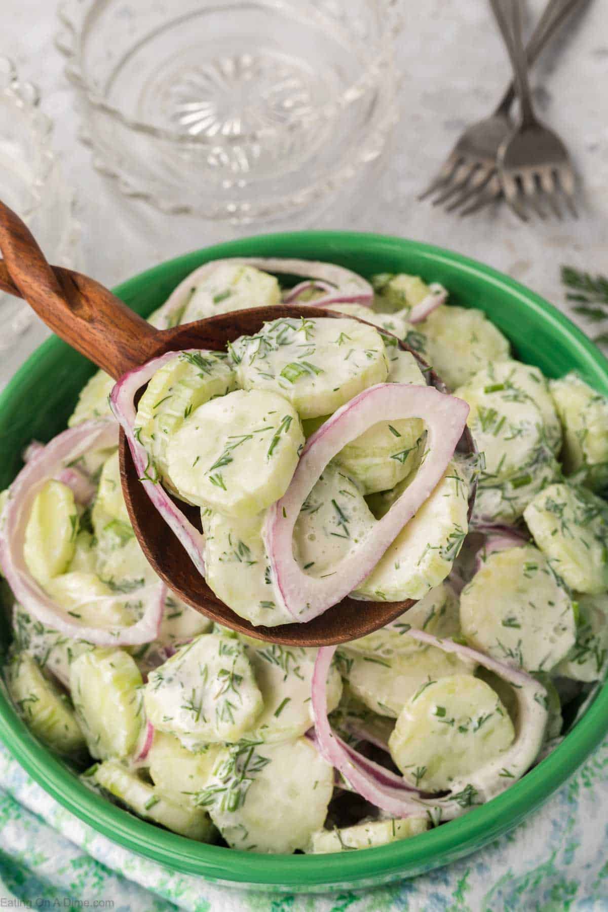 Close up image of cucumber salad in a bowl
