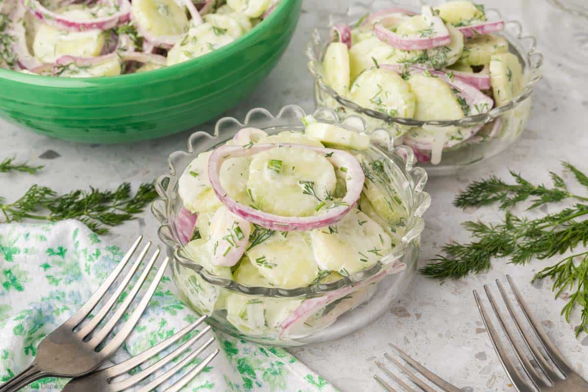 Creamy Cucumber Salad in bowls