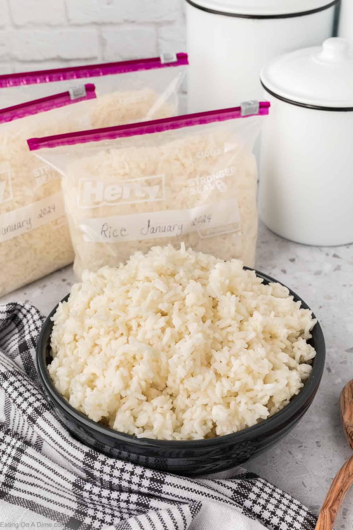 Freezer Ziplock Bags with cooked rice with a bowl of cooked rice