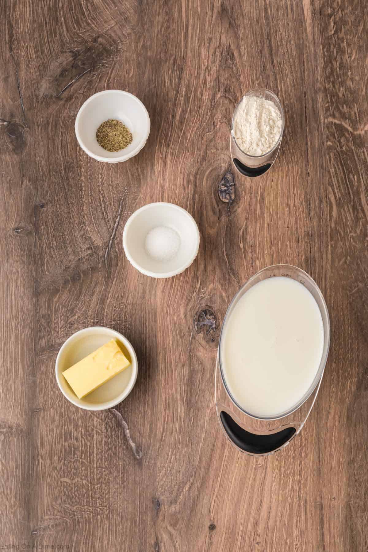 White Gravy Ingredients - flour, whole milk, butter, salt and pepper