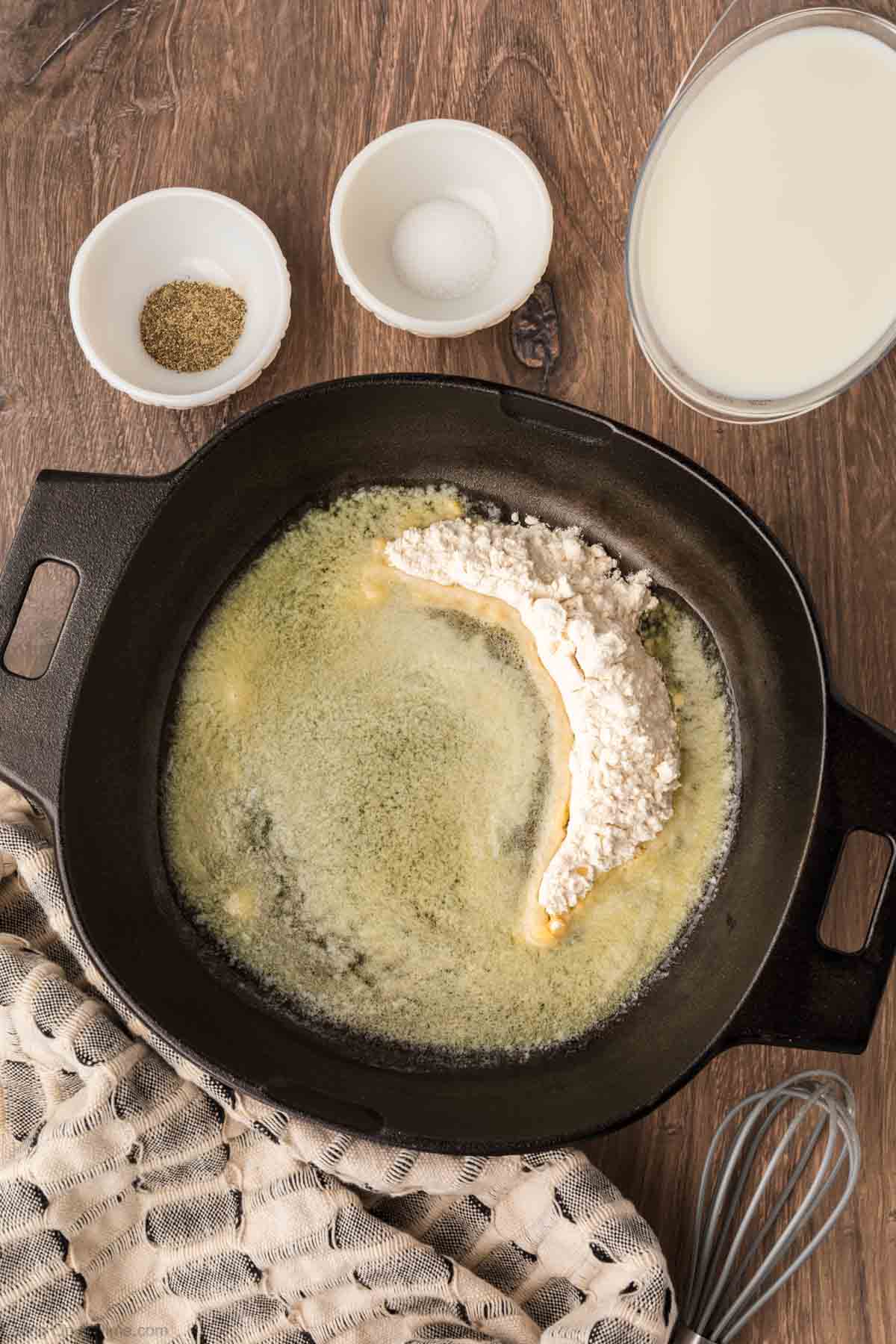 Melted butter in a skillet with flour