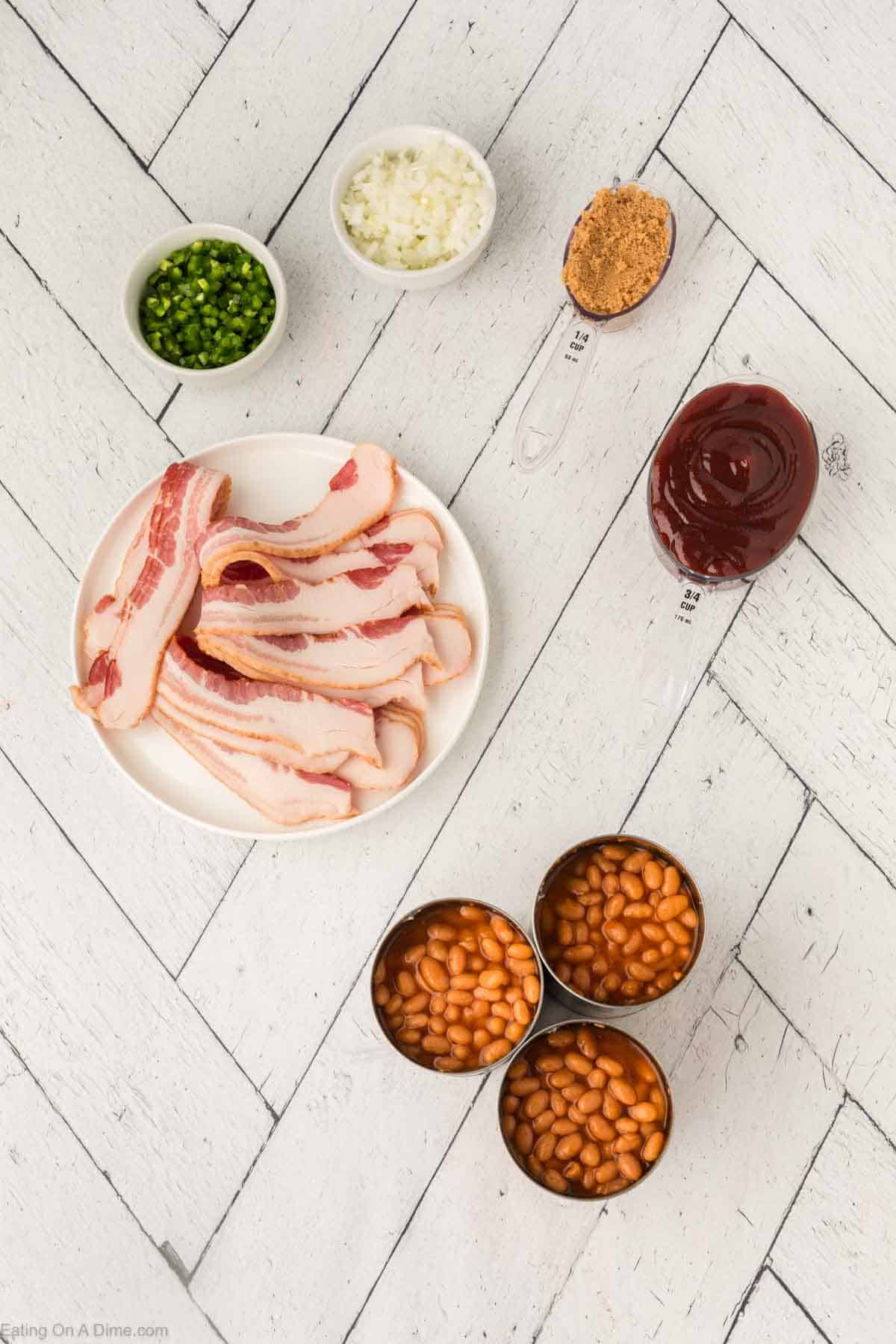 Baked Beans Ingredients - pork and beans, BBQ Sauce, brown sugar, jalapeno, diced onions, bacon