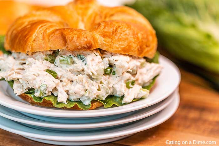 Close up image of chicken salad on a croissant on a white plate. 