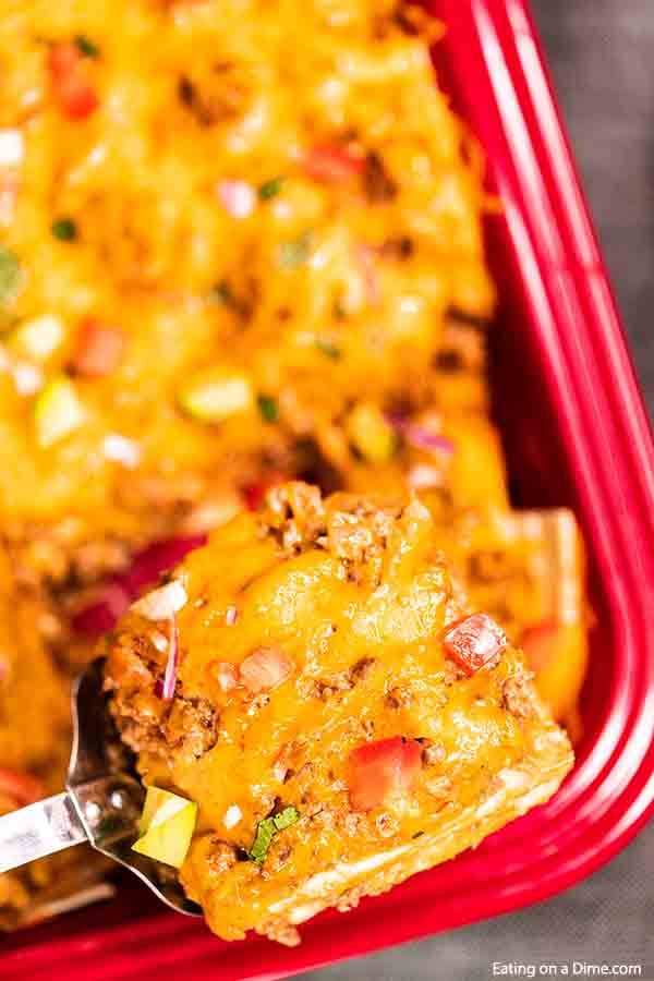 Enjoy Taco Lasagna Recipe any night of the week for dinner full of cheesy and delicious layers. Lots of ground beef, salsa and more blend for a great meal.