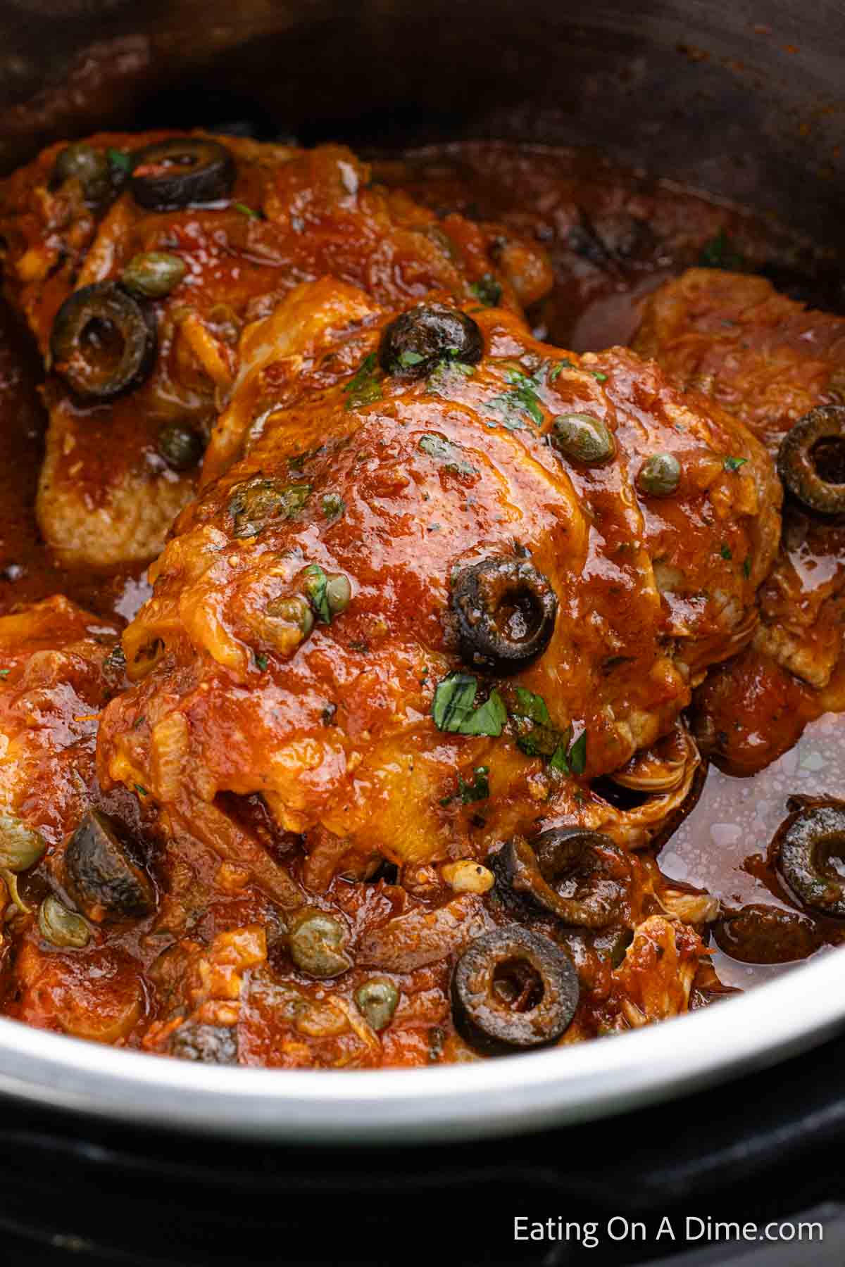 Close up image of cooked chicken cacciatore in the instant pot