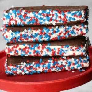 4th of July Ice Cream sandwiches with red, white and blue sprinkles.