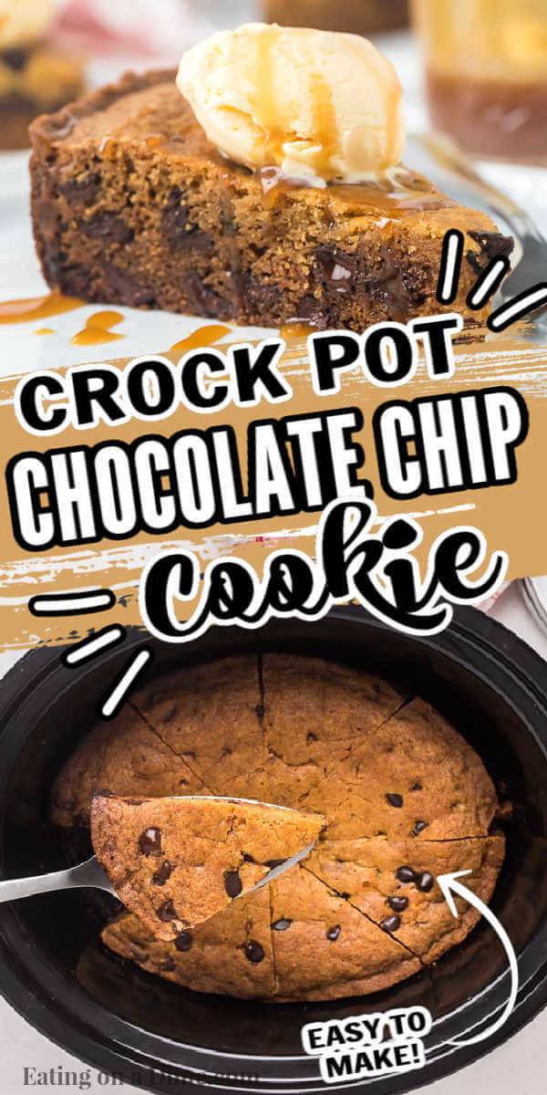 Try this easy crock pot chocolate chip cookie recipe. No need to heat up the kitchen with this quick and easy crock pot chocolate chip cookie cake! Serve this Slow Cooker Giant Chocolate Chip Cookie with ice cream and chocolate sauce. Every loves a Slow Cooker Chocolate Chip Cookie and you’ll be surprised by how easy it is to make Chocolate chip cookies in crock pot. #crockpotrecipes #slowcookerrecipes #dessertrecipes #crockpotdesserts 