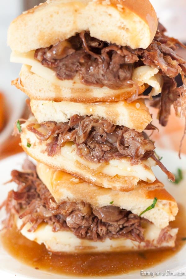 Instant pot french dip sandwiches are super easy in the pressure cooker and take only minutes. The beef is so tender and our family goes crazy over instant pot french dip sandwiches with french onion soup. Try the best instant pot french dip sandwiches easy recipe today. #eatingonadime #instantpotfrenchdipsandwiches