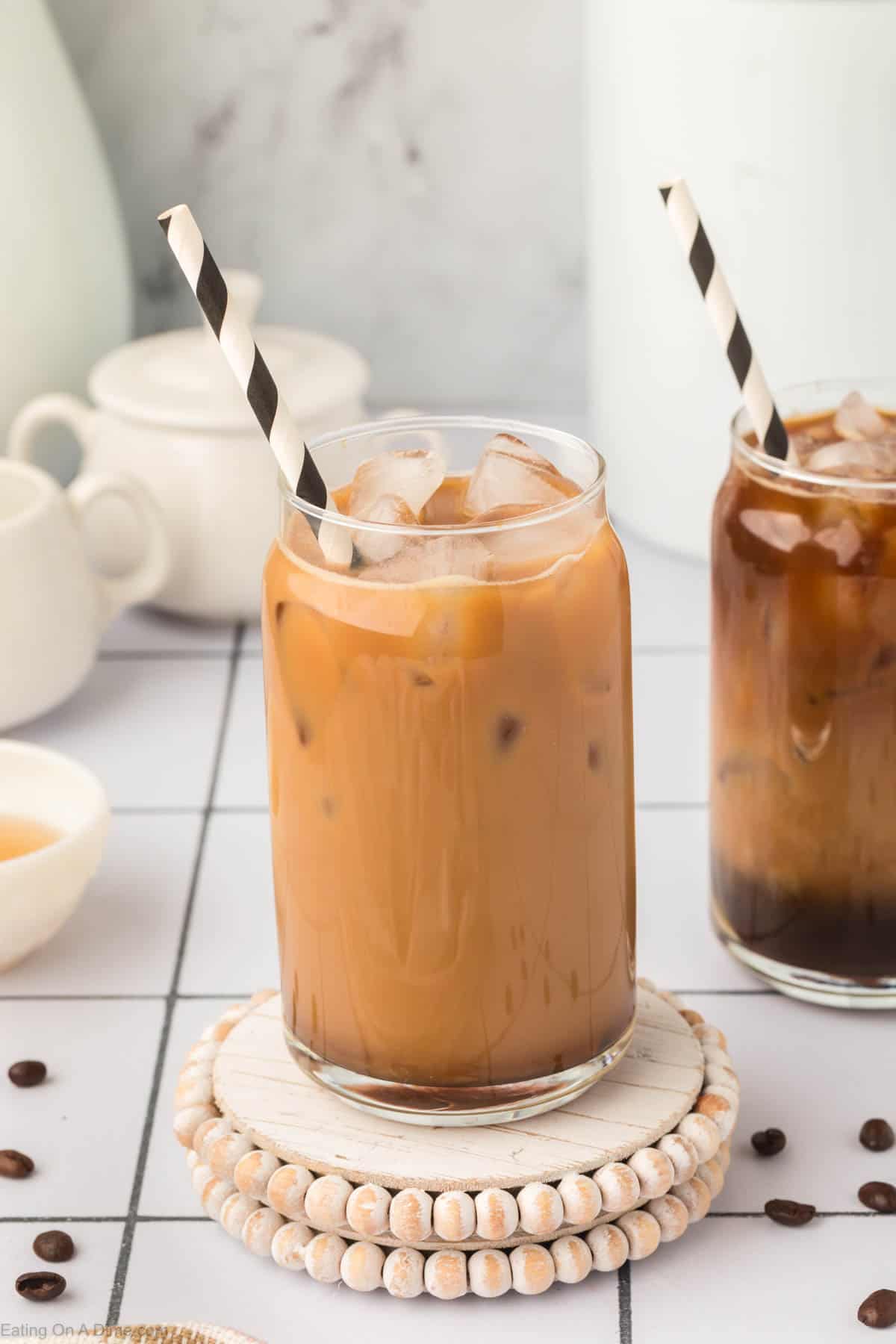 Iced Coffee in a clear glass with a straw