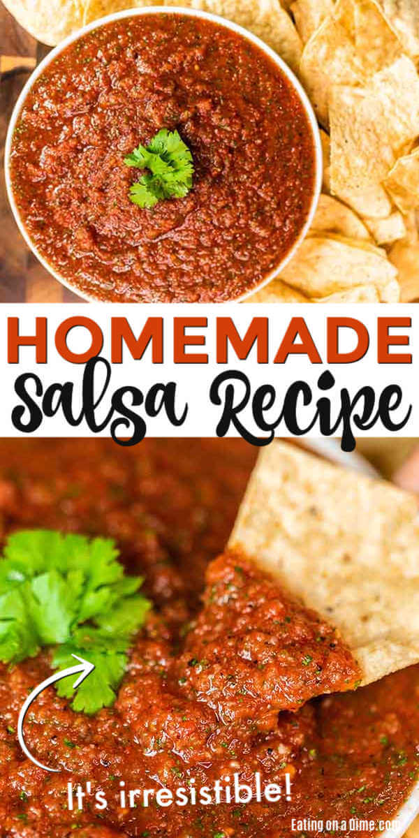 Homemade Salsa Recipe is so easy that you will not believe it.  Make this in minutes and enjoy the best salsa and chips at home. Yum! This salsa is so simple to make. With just a few ingredients, you can easily make homemade salsa. Skip the store bought jarred salsa and make this easy recipe instead. #eatingonadime #homemadesalsa #salsarecipe