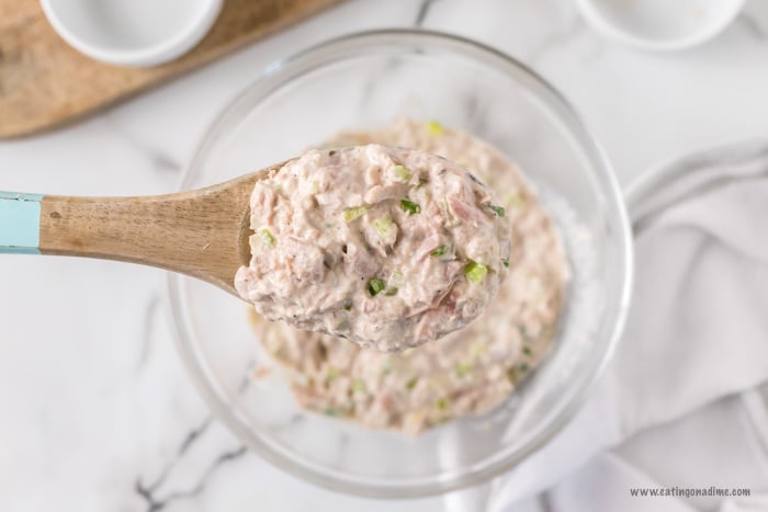 Tuna Salad in a bowl with a serving on a wooden spoon