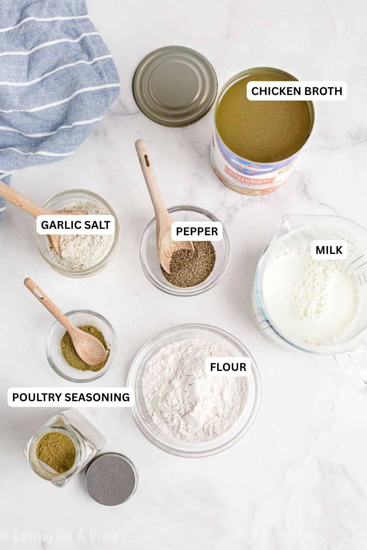 Try this easy homemade cream of chicken soup recipe next time you need a can for your favorite recipe. It is cheaper and much healthier to make at home. Ingredients for recipe: poultry seasoning, flour, milk, pepper, garlic salt and chicken broth.