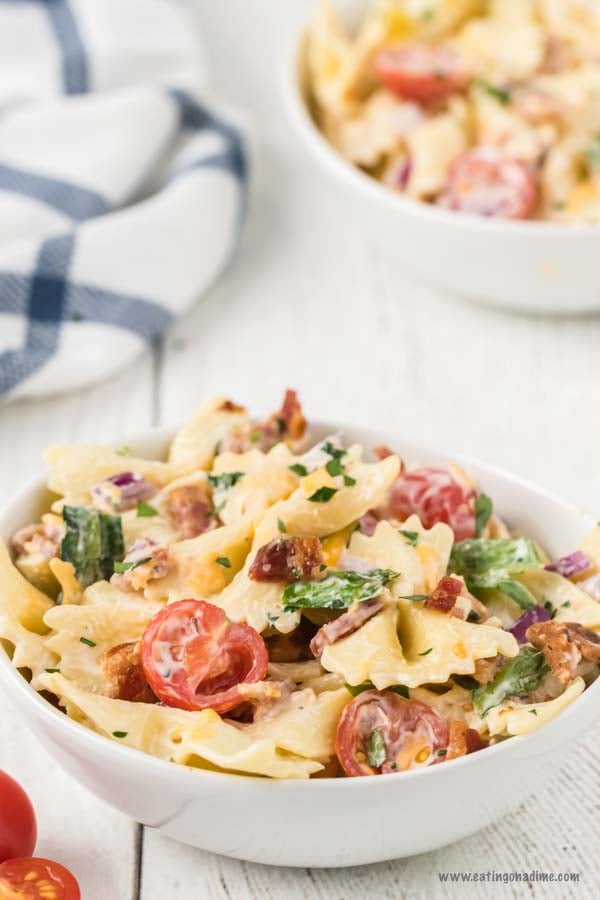 BLT Pasta Salad is always a crowd pleaser. There is something about that creamy ranch dressing combined with the bacon and veggies that make this delicious. 