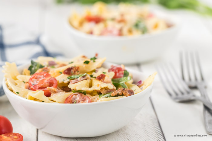 BLT Pasta Salad is always a crowd pleaser. There is something about that creamy ranch dressing combined with the bacon and veggies that make this delicious. 