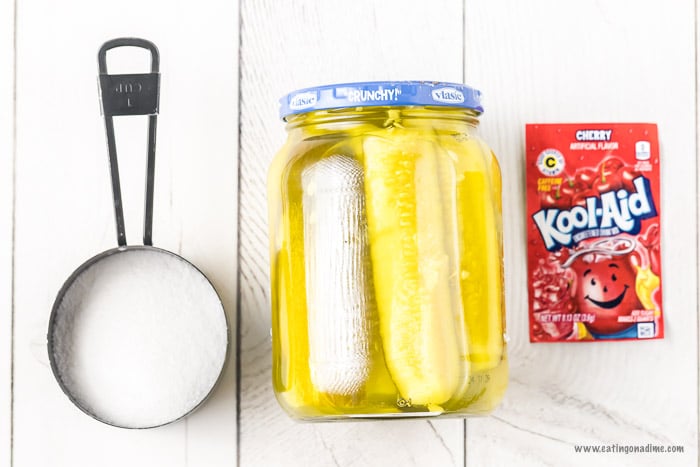 Ingredients  - Jar of pickles, kool aid packet and a measuring cup of sugar